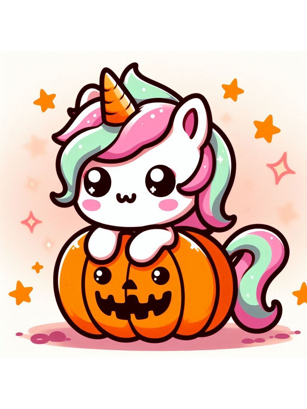 Halloween unicorn illustration ideas with a cute unicorn perched atop a smiling jack-o'-lantern, surrounded by stars and sparkles.